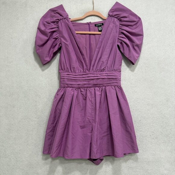 Express Pants - Express Romper Womens 2 Purple Puff Sleeve V Neck Mini Dress Conscious Edit